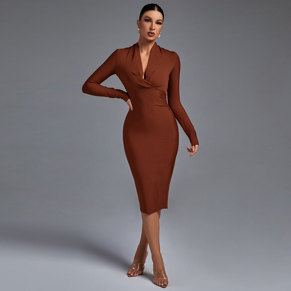 V Neck Long Sleeve Bandage Dress PFHJ649