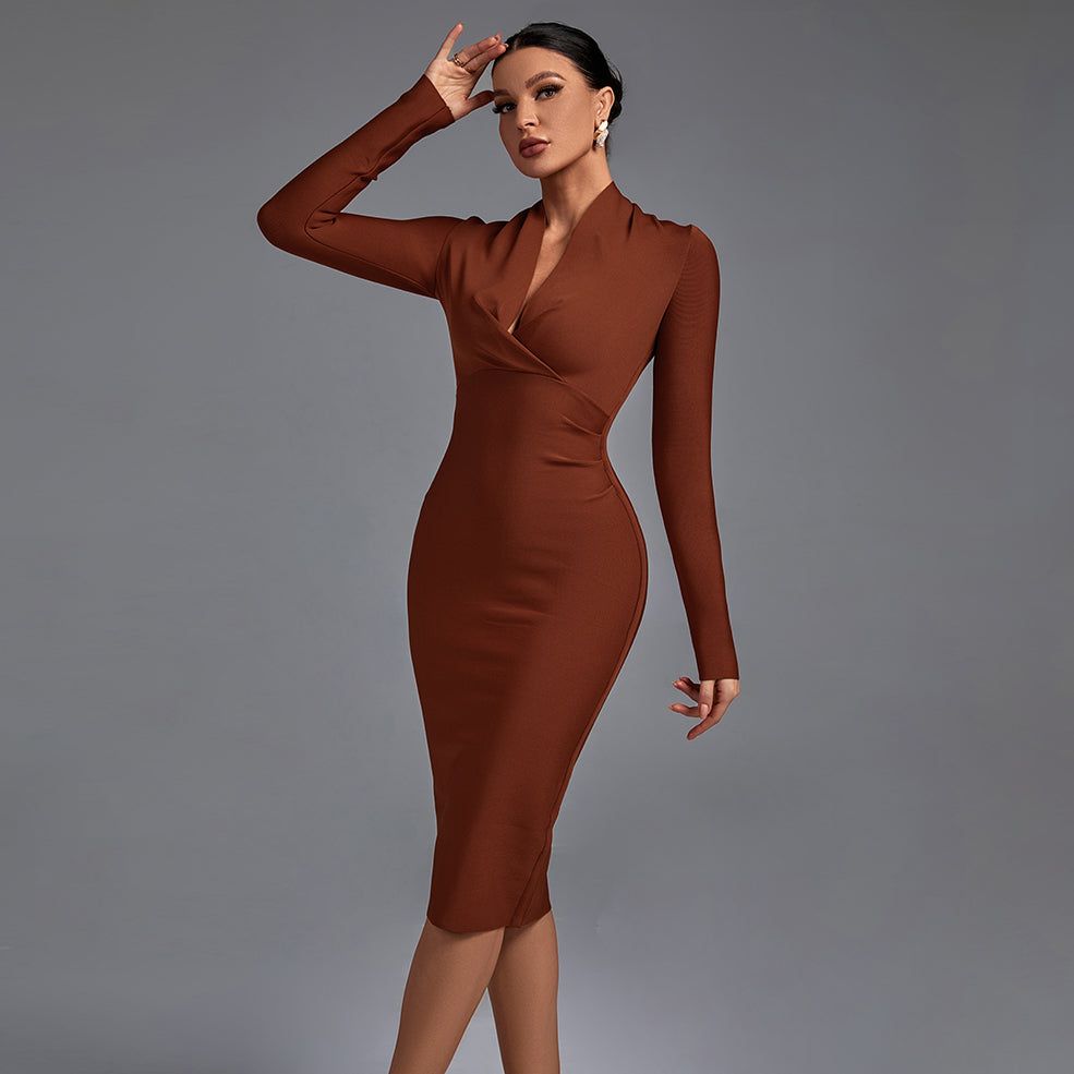 V Neck Long Sleeve Bandage Dress PFHJ649