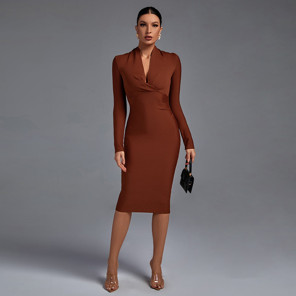 V Neck Long Sleeve Bandage Dress PFHJ649