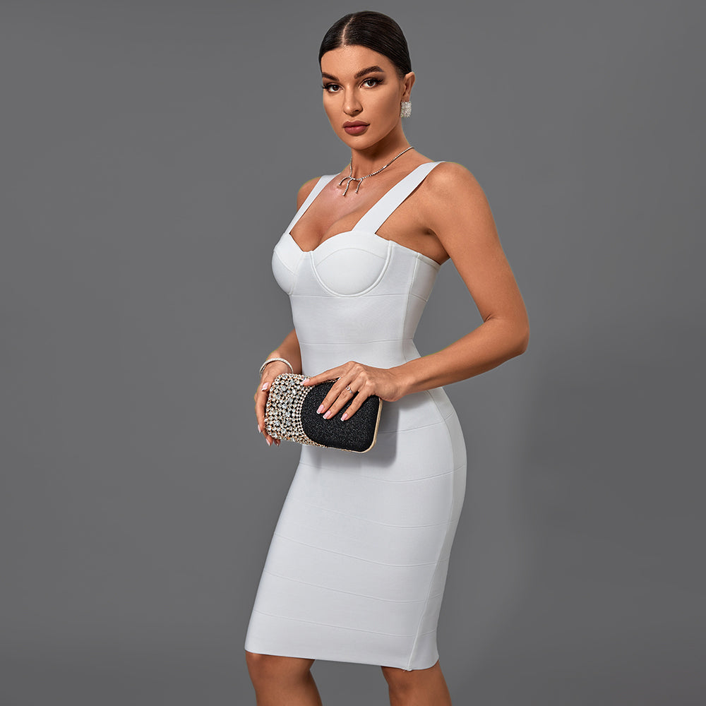 White Strappy Sleeveless Striped Midi Bandage Dress PM21501