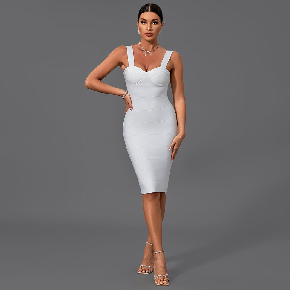 White Strappy Sleeveless Striped Midi Bandage Dress PM21501