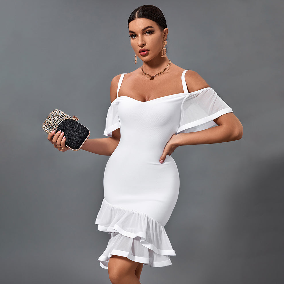 Strappy Short Sleeve Frill Midi Bandage Dress PP091426