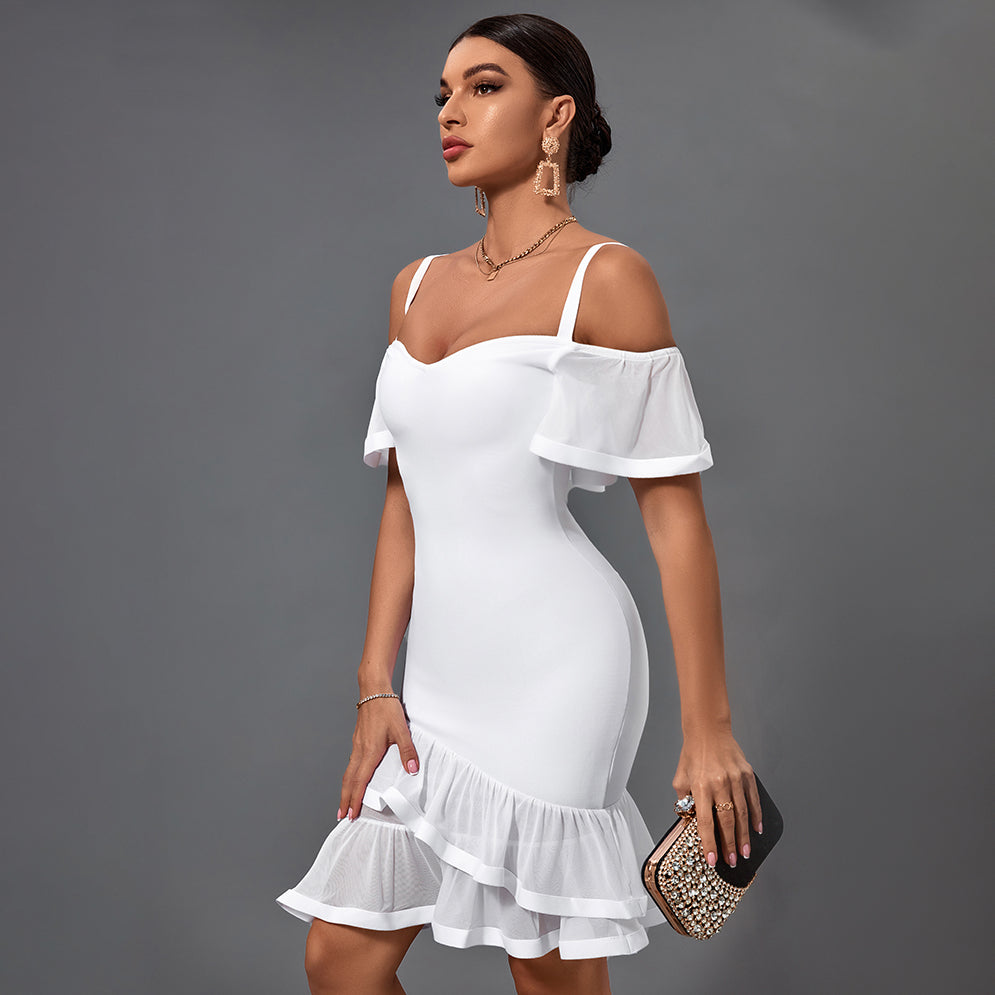 Strappy Short Sleeve Frill Midi Bandage Dress PP091426