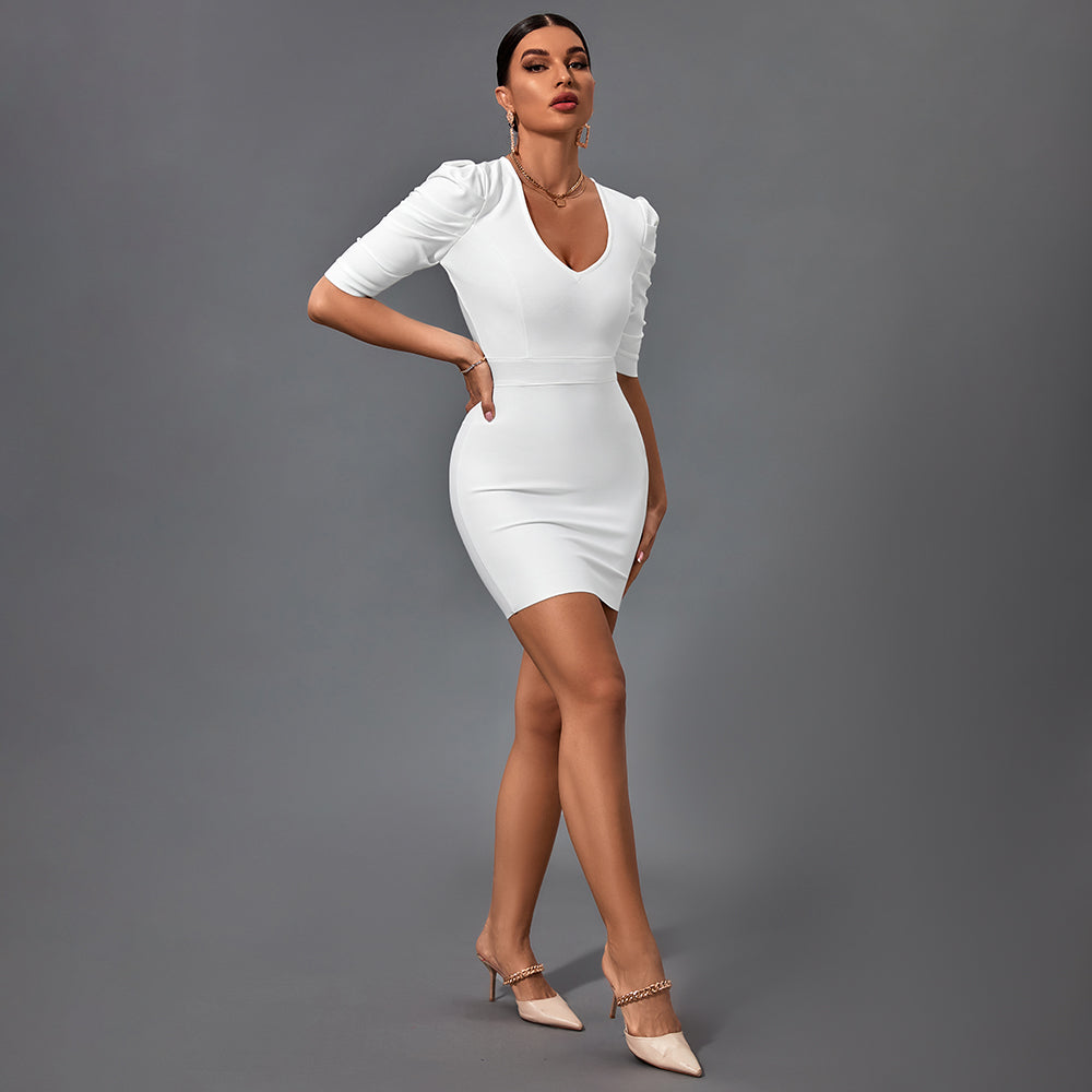 V Neck Mid Sleeve Backless Mini Bandage Dress PP091915