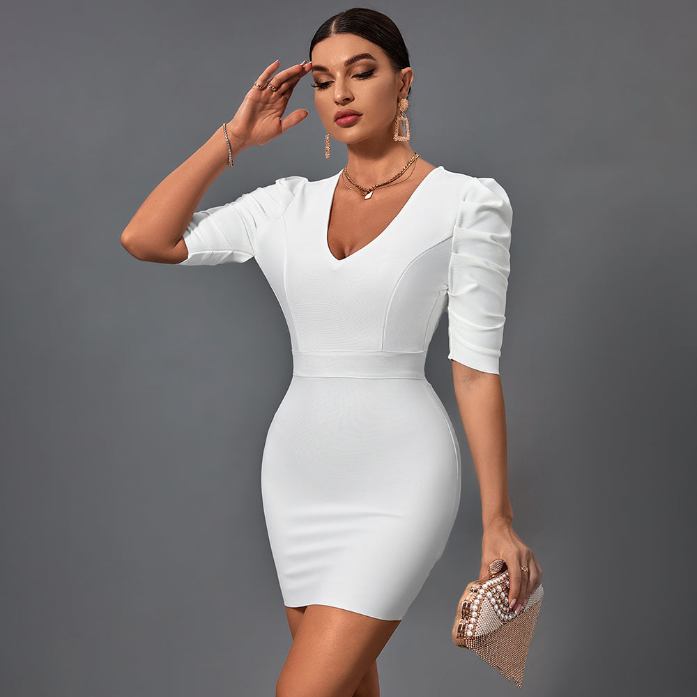 V Neck Mid Sleeve Backless Mini Bandage Dress PP091915