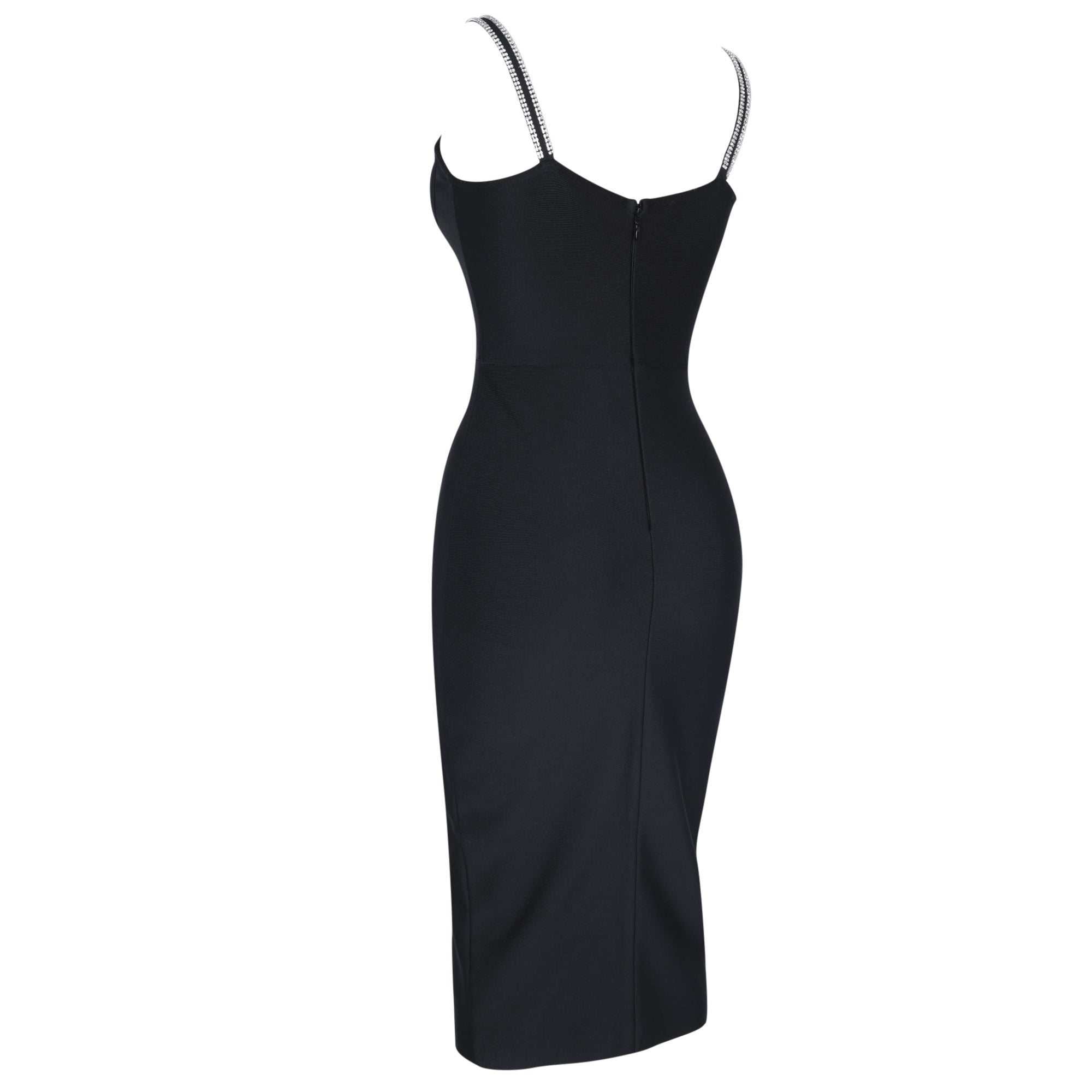 Black Strappy Sleeveless Drill Chain Midi Bandage Dress PP091924