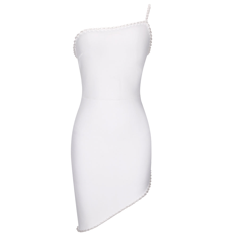 White One Shoulder Sleeveless Asymmetrical Mini Bandage Dress PP092001