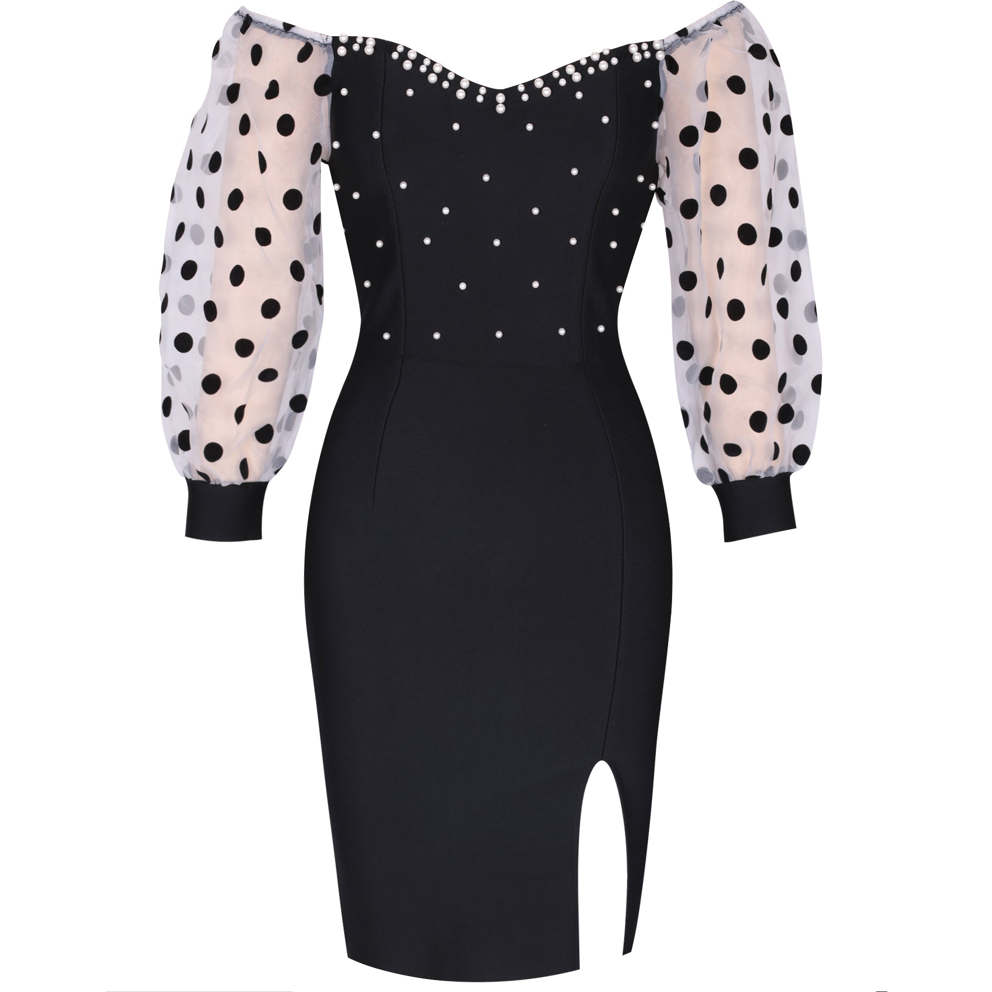 Square Collar Mid Sleeve Polka Dots Midi Bandage Dress PP092003