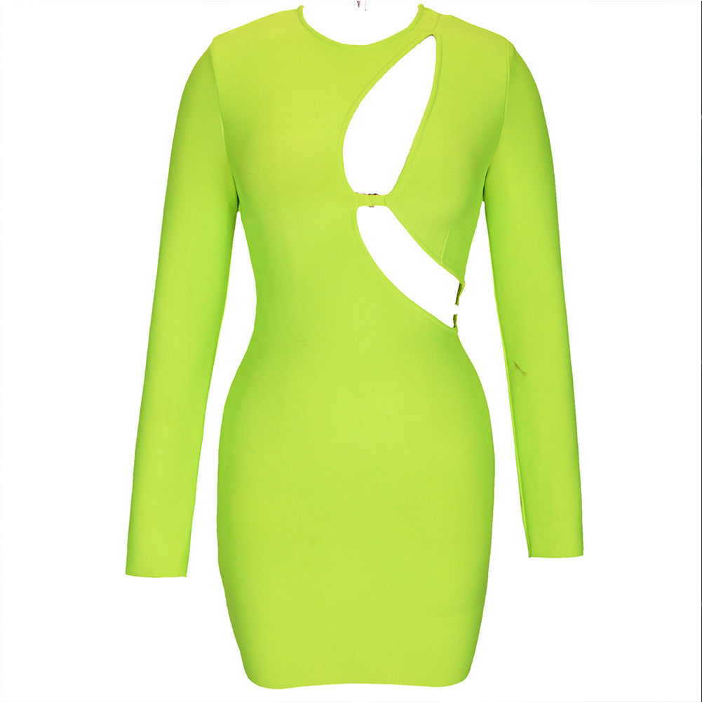 Green Round Neck Long Sleeve Hollow out Mini Bandage Dress PP092005