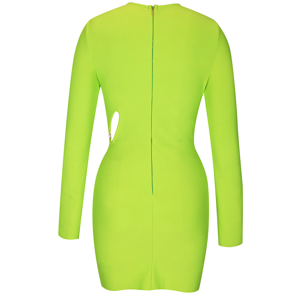 Green Round Neck Long Sleeve Hollow out Mini Bandage Dress PP092005