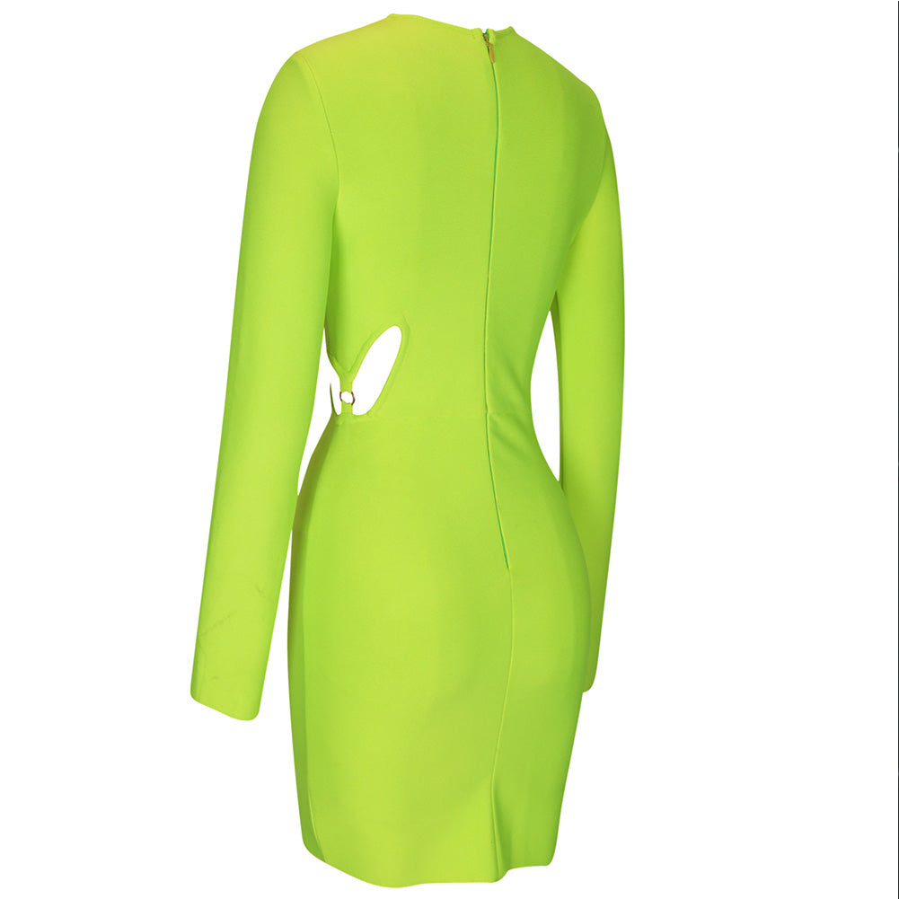 Green Round Neck Long Sleeve Hollow out Mini Bandage Dress PP092005