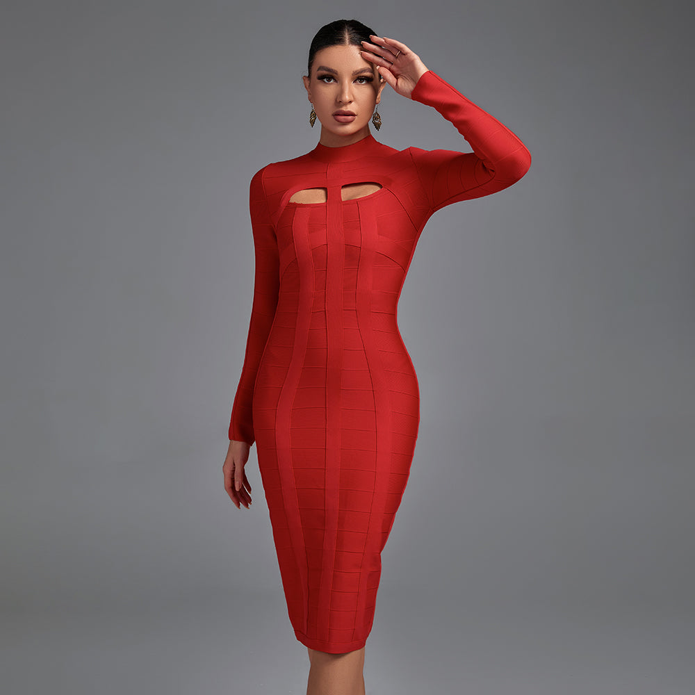 High Neck Long Sleeve Cut Out Over Knee Bandage Dress PP1103