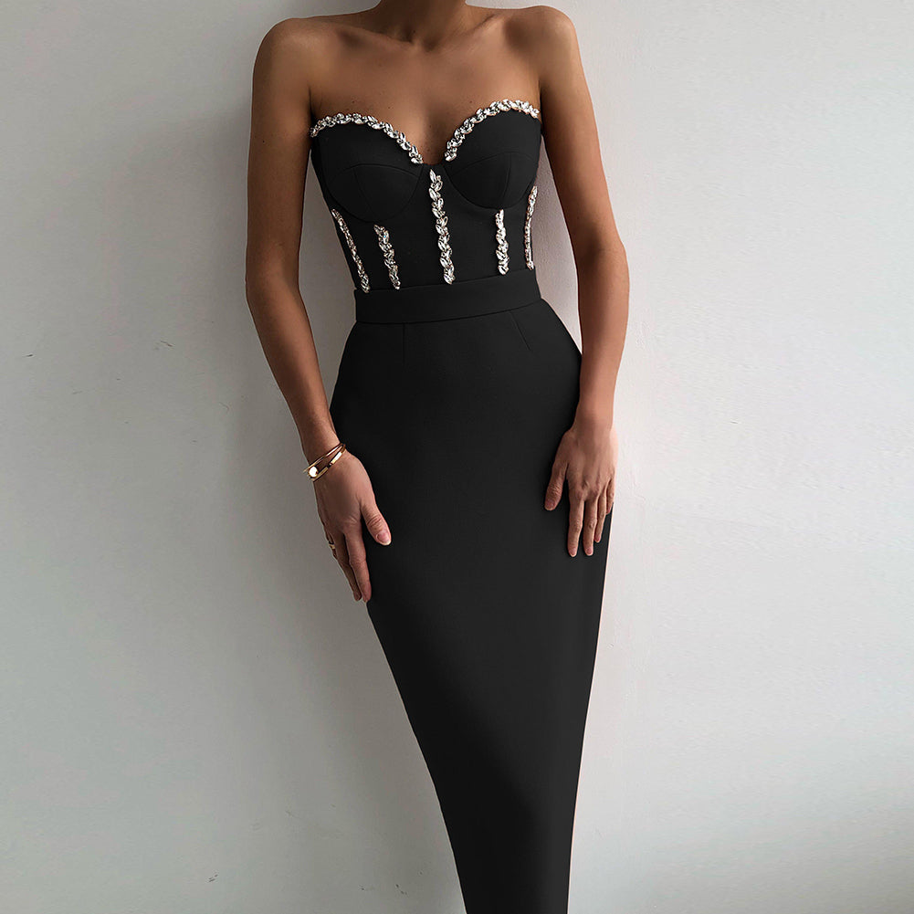 Strapless Drill Chain Midi Backless Bandage Dress PP190928