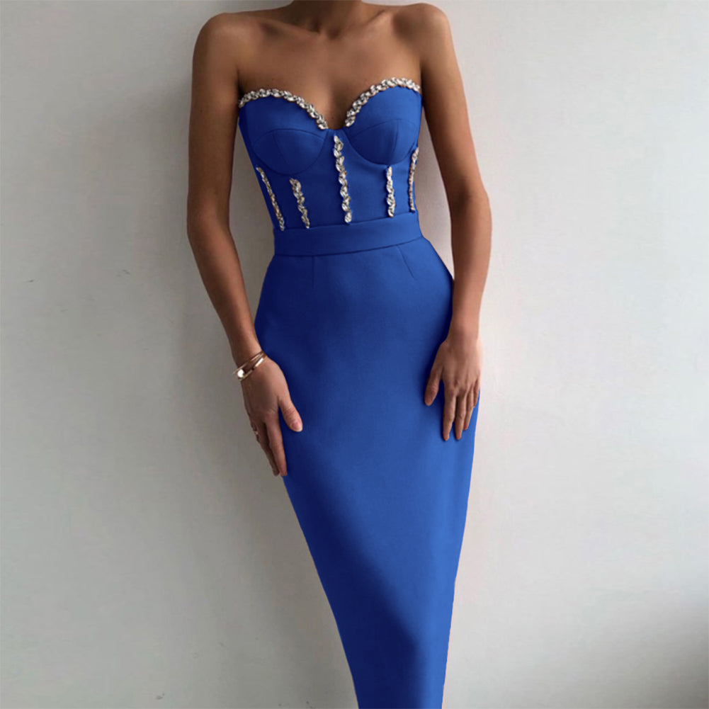 Strapless Drill Chain Midi Backless Bandage Dress PP190928