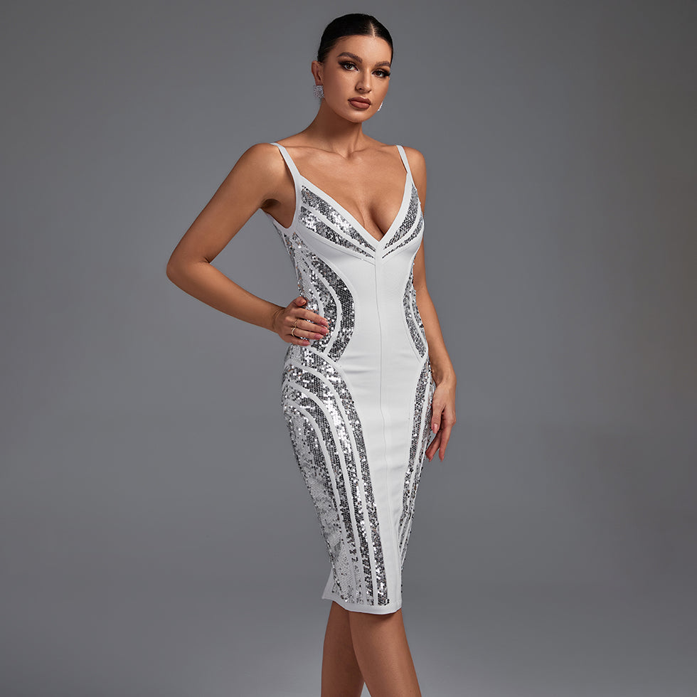 Strappy Striped Sequins Bandage Dress PP19341