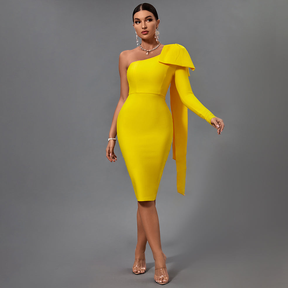 Bowknot Asymmetrical One Sleeve Bandage Dress PP19348