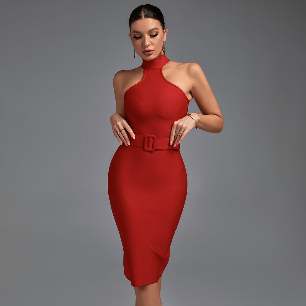 High Neck Sleeveless Cut Out With Belt Bandage Dress PP19425