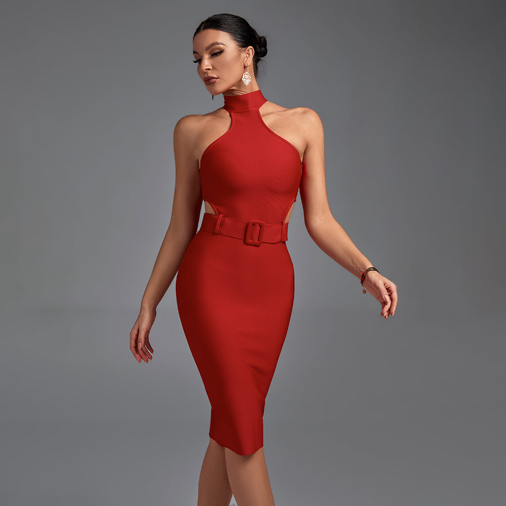 High Neck Sleeveless Cut Out With Belt Bandage Dress PP19425