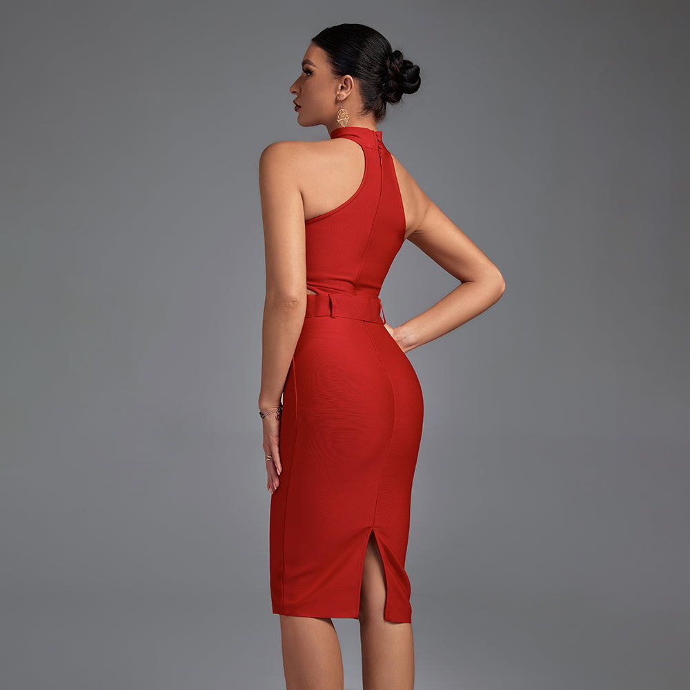 High Neck Sleeveless Cut Out With Belt Bandage Dress PP19425