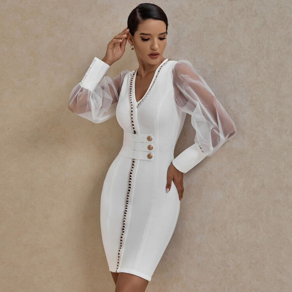 V Neck Long Sleeve Mesh Mini Bandage Dress PP20005