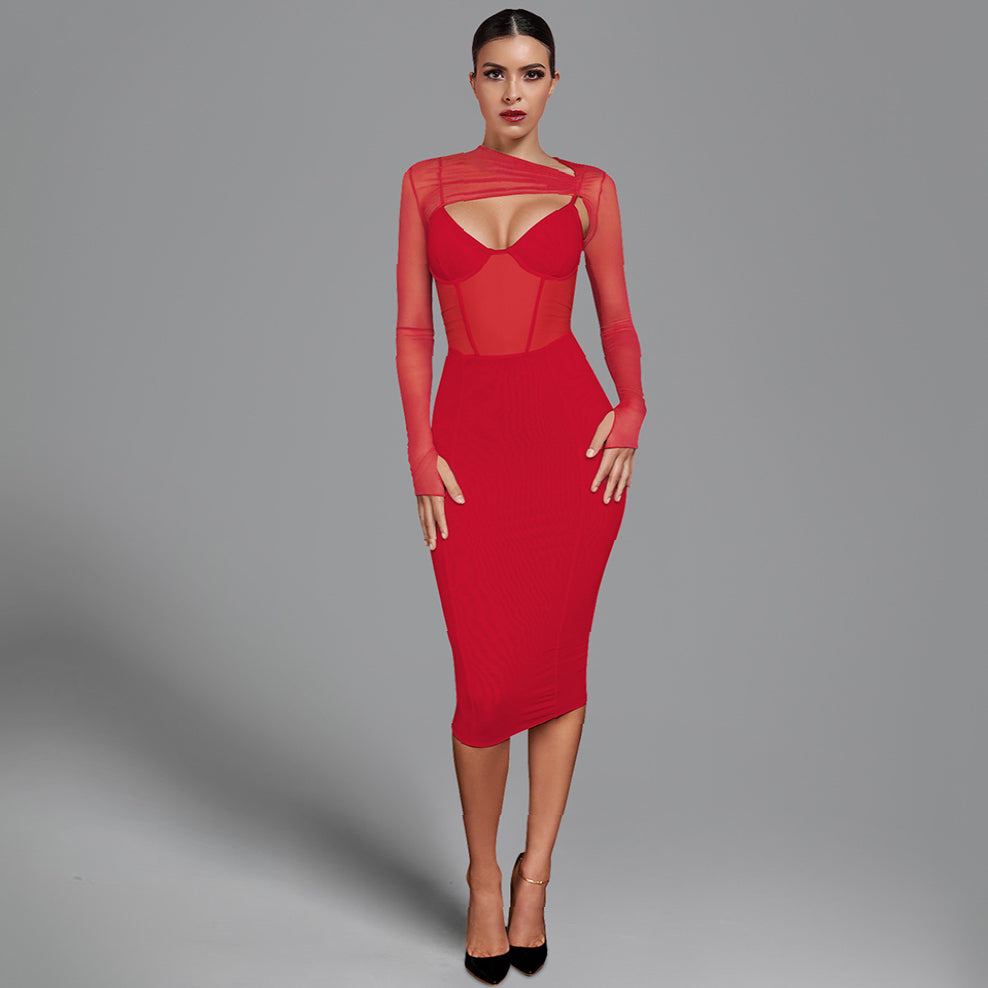 Long Sleeve Cut Out Mesh Bandage Dress PP211028