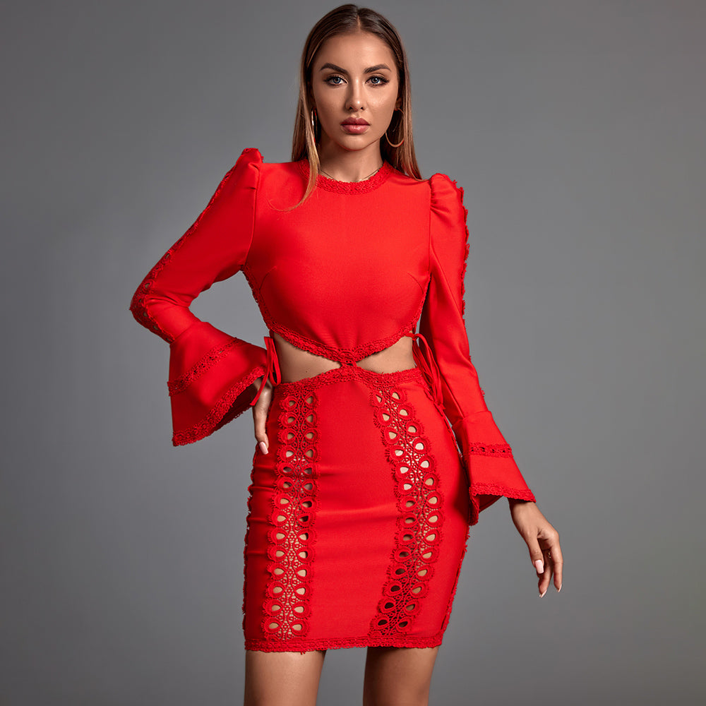 Round Neck Long Sleeve Cut Out Mini Bandage Dress PP21108