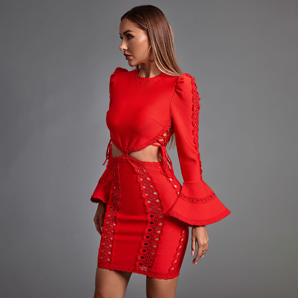 Round Neck Long Sleeve Cut Out Mini Bandage Dress PP21108