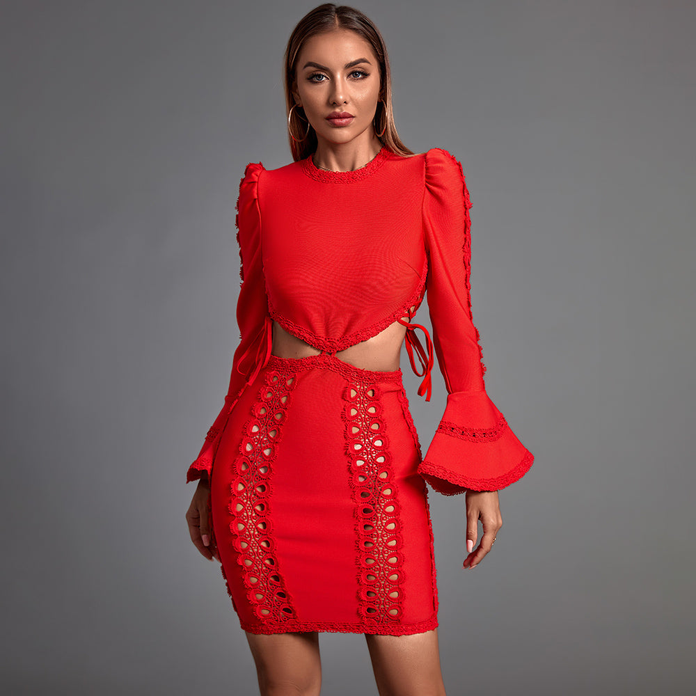 Round Neck Long Sleeve Cut Out Mini Bandage Dress PP21108