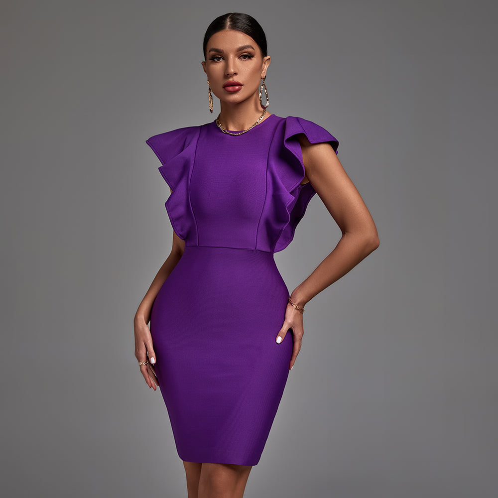 Purple Round Neck Short Sleeve Frill Bandage Dress PP21607