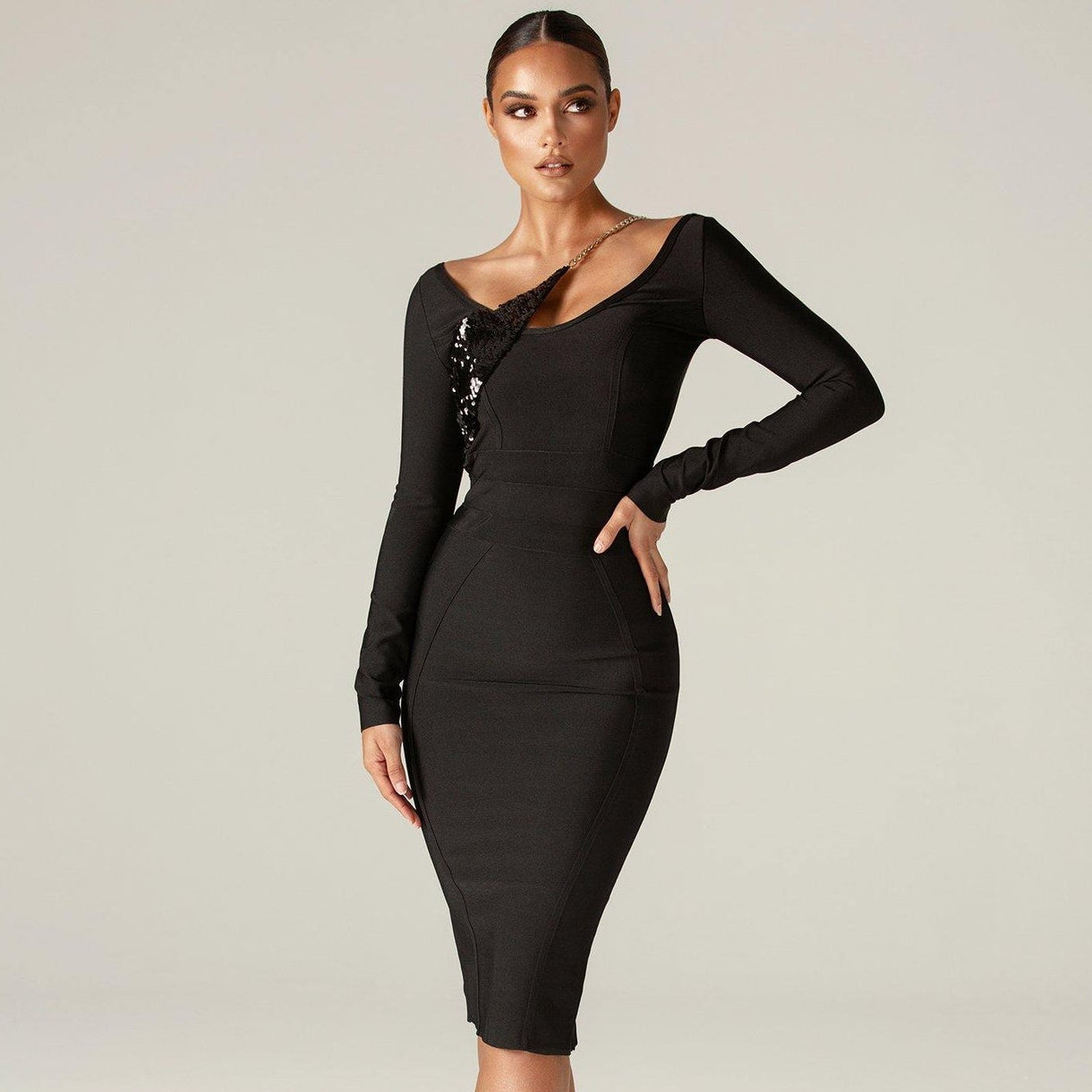 Bodycon Long Sleeve Sequined Midi Bandage Dress PP21613