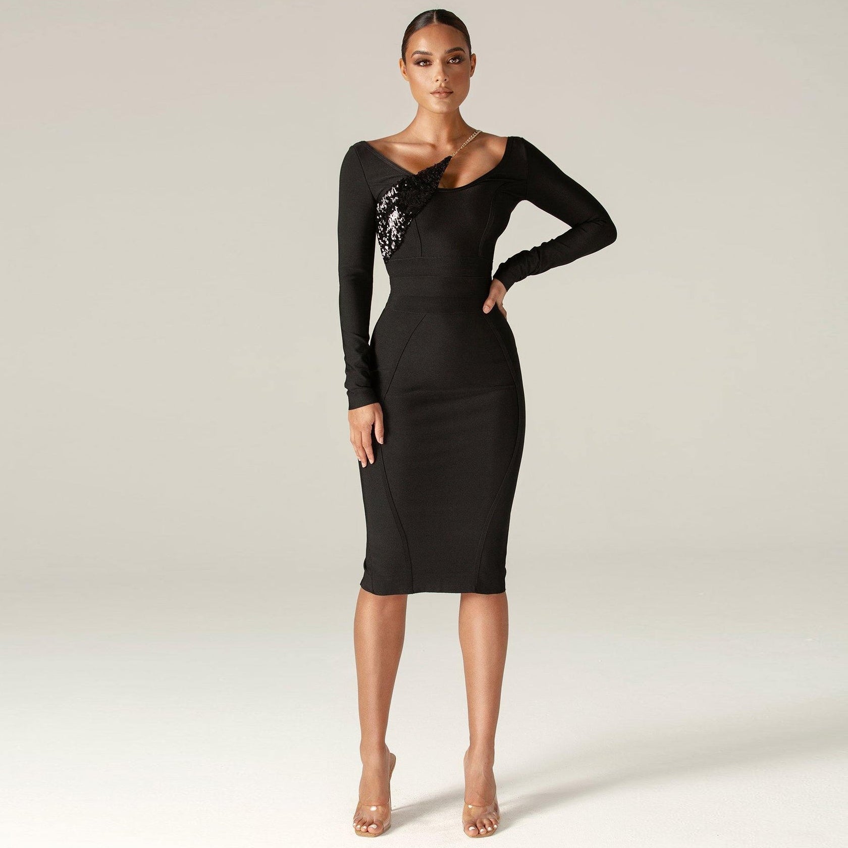 Bodycon Long Sleeve Sequined Midi Bandage Dress PP21613