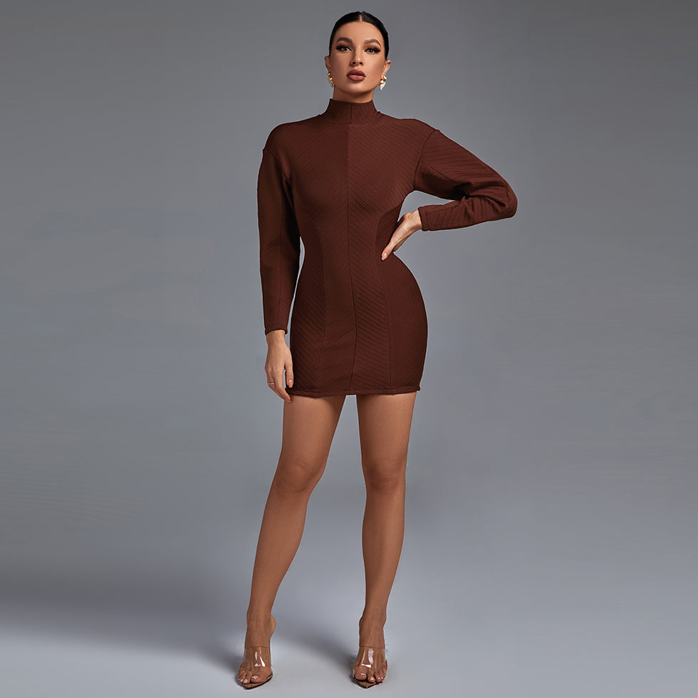 High Neck Long Sleeve Striped Mini Bandage Dress PP21715