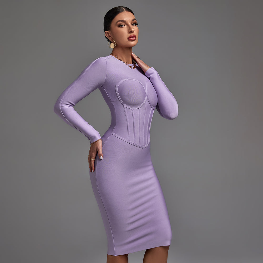 Round Neck Long Sleeve Striped Midi Bandage Dress PP21811