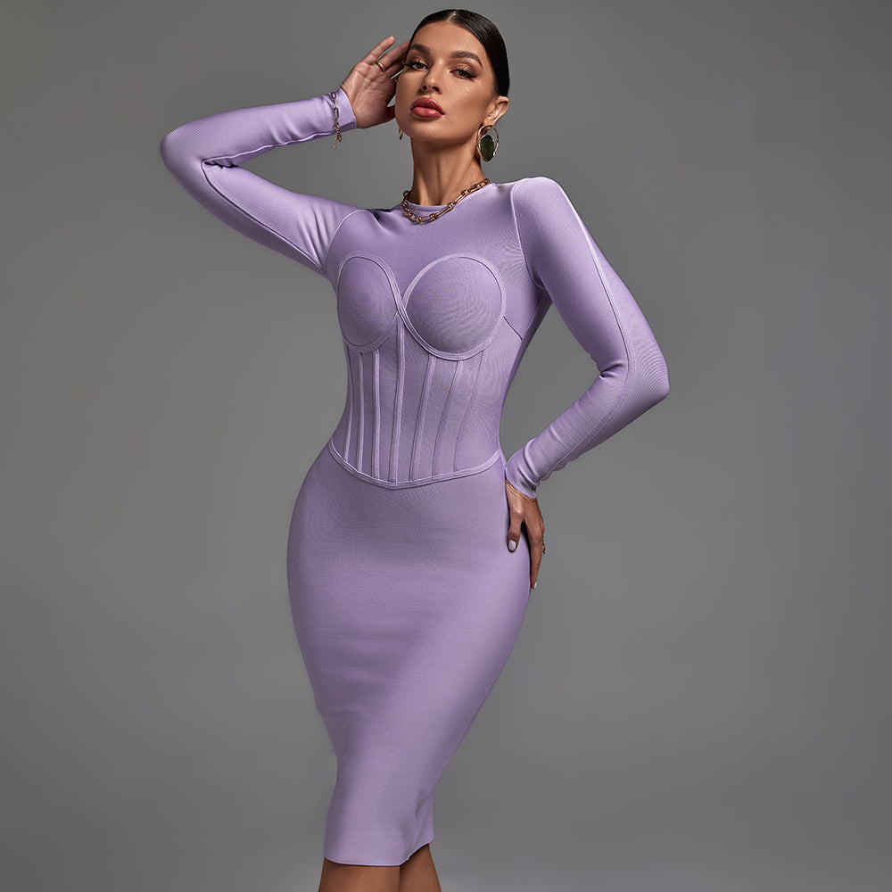 Round Neck Long Sleeve Striped Midi Bandage Dress PP21811