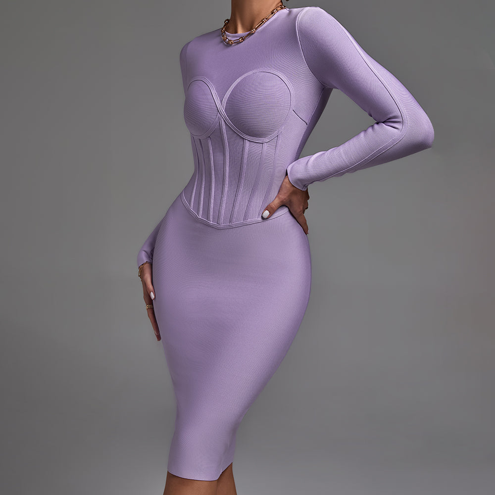 Round Neck Long Sleeve Striped Midi Bandage Dress PP21811