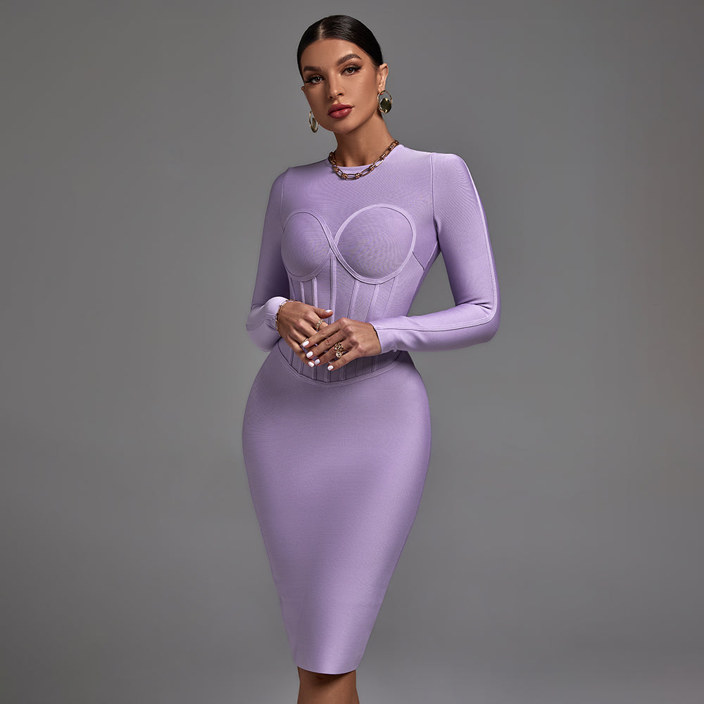 Round Neck Long Sleeve Striped Midi Bandage Dress PP21811