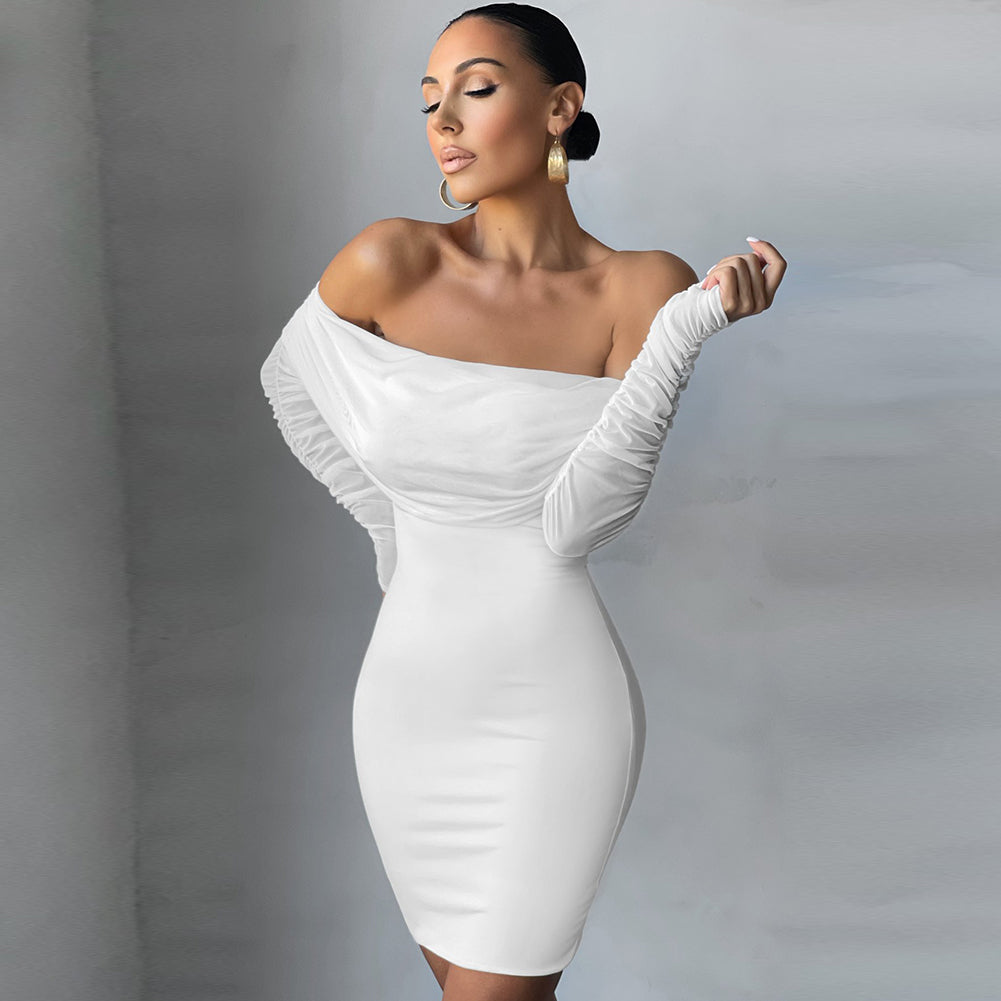 Off Shoulder Long Sleeve Frill Mini Bandage Dress PP21827