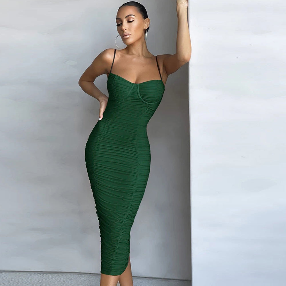 Strappy Sleeveless Wrinkled Midi Bandage Dress PP21828