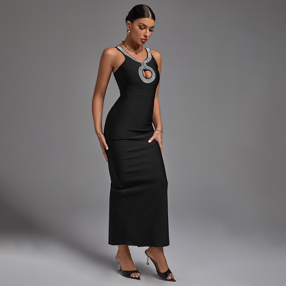 Black Crystal Embroidered Cutout Maxi Bandage Dress PP22024