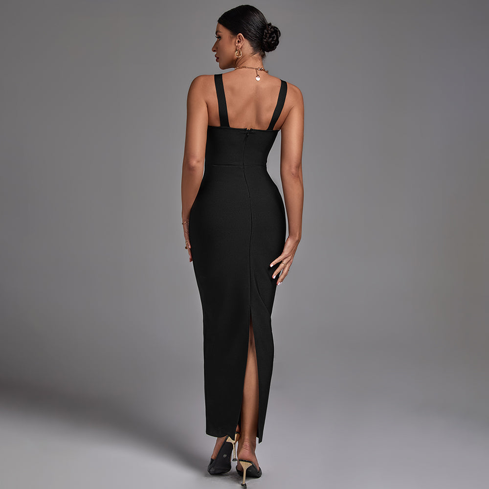 Black Crystal Embroidered Cutout Maxi Bandage Dress PP22024