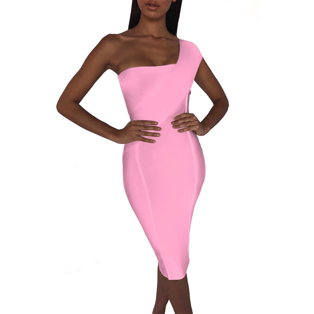 One Shoulder Asymmetrical Over Knee Bandage Dress PP40199