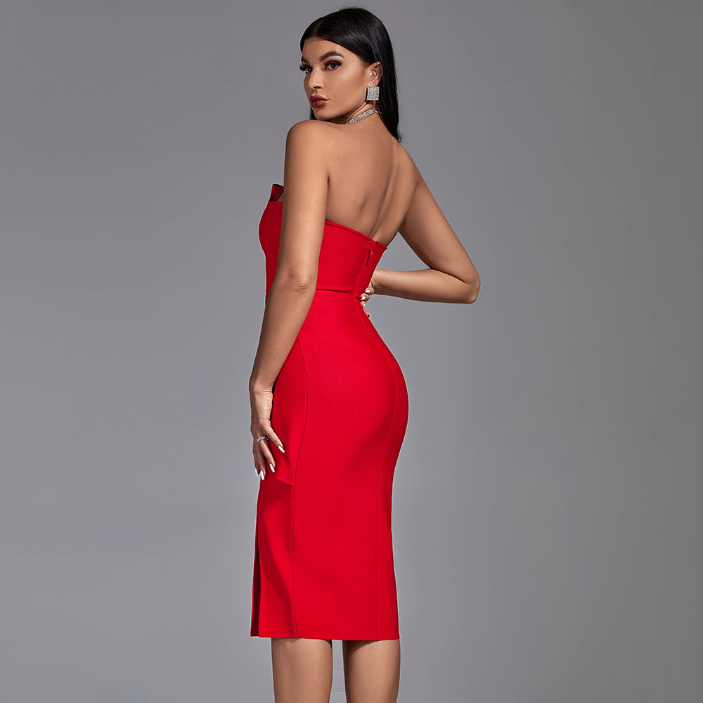 Strapless Sleeveless Frill Midi Bandage Dress PS21618