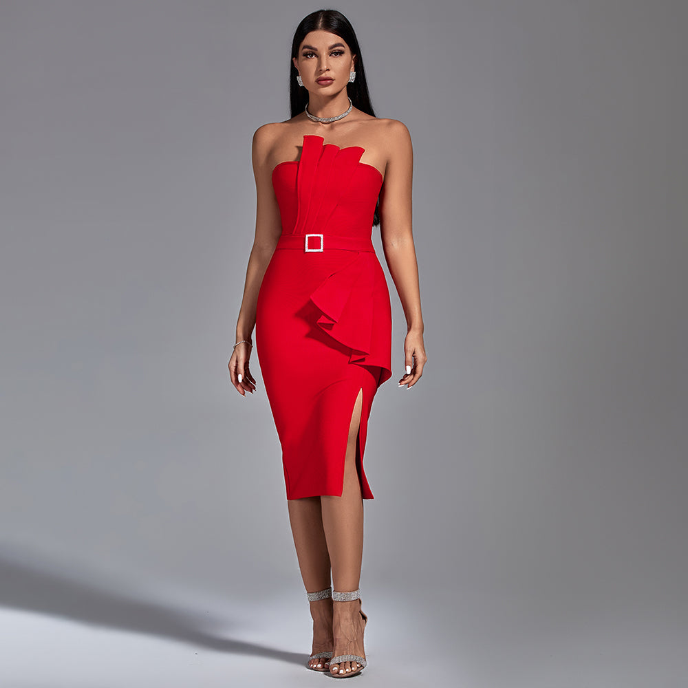 Strapless Sleeveless Frill Midi Bandage Dress PS21618