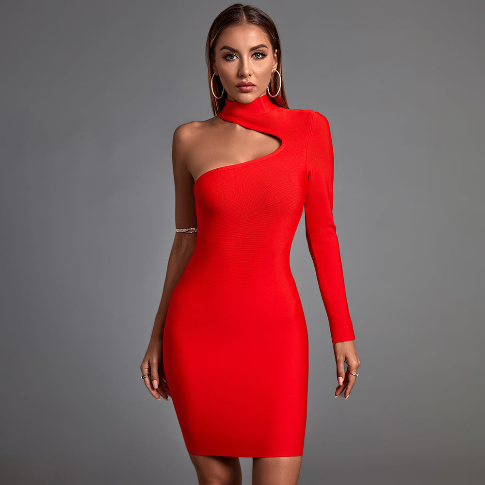 High Neck Long Sleeve Asymmetrical Mini Bandage Dress PZ19187