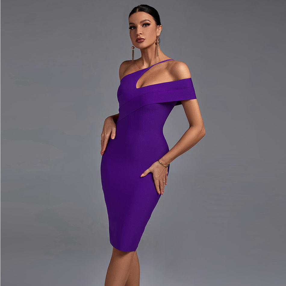 One Shoulder Short Sleeve Asymmetrical Over Knee Bandage Dress PZ19198