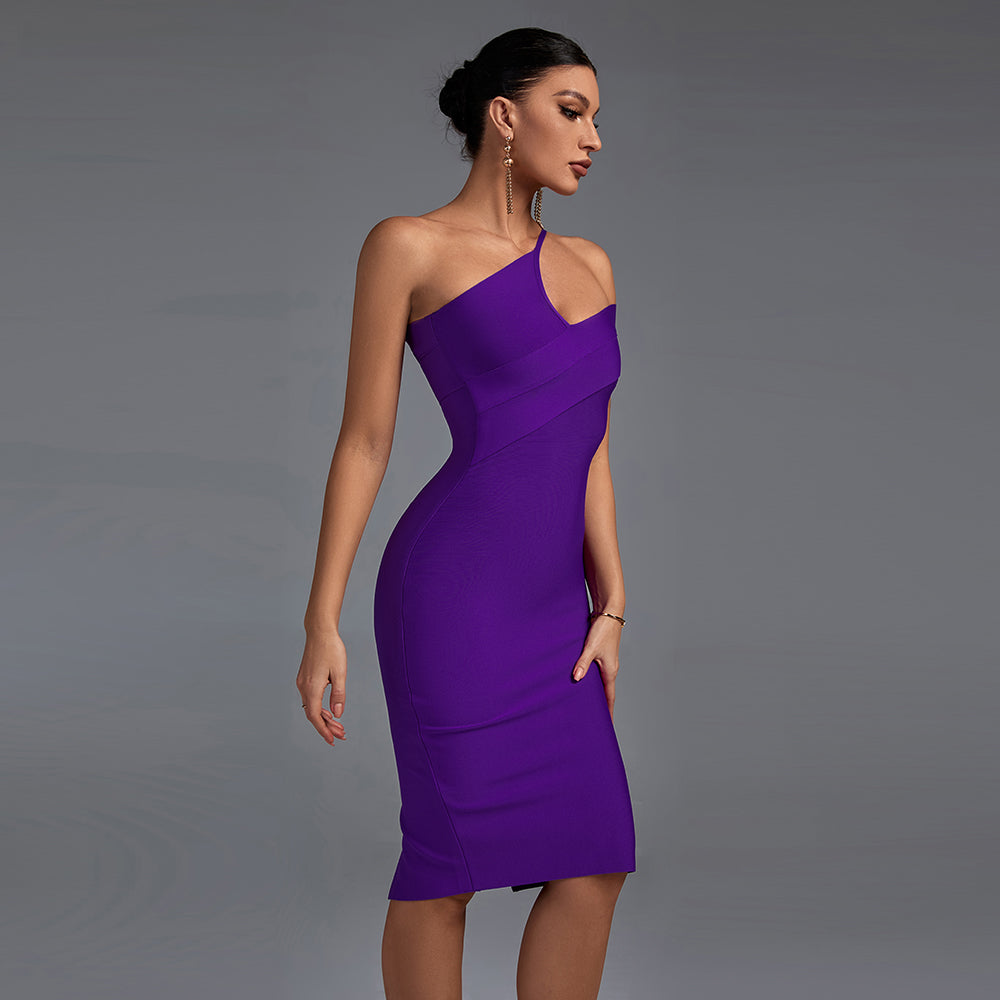 One Shoulder Short Sleeve Asymmetrical Over Knee Bandage Dress PZ19198