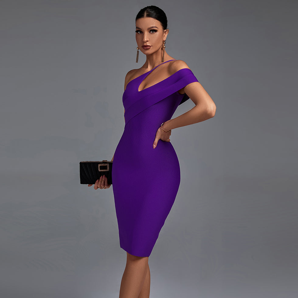 One Shoulder Short Sleeve Asymmetrical Over Knee Bandage Dress PZ19198