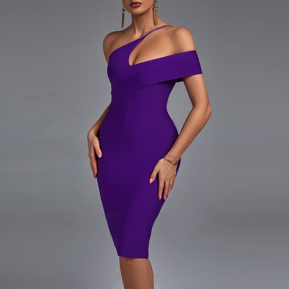 One Shoulder Short Sleeve Asymmetrical Over Knee Bandage Dress PZ19198