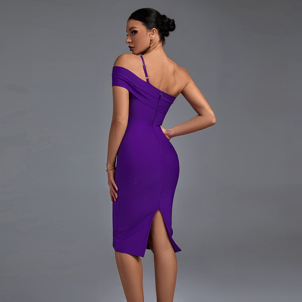 One Shoulder Short Sleeve Asymmetrical Over Knee Bandage Dress PZ19198