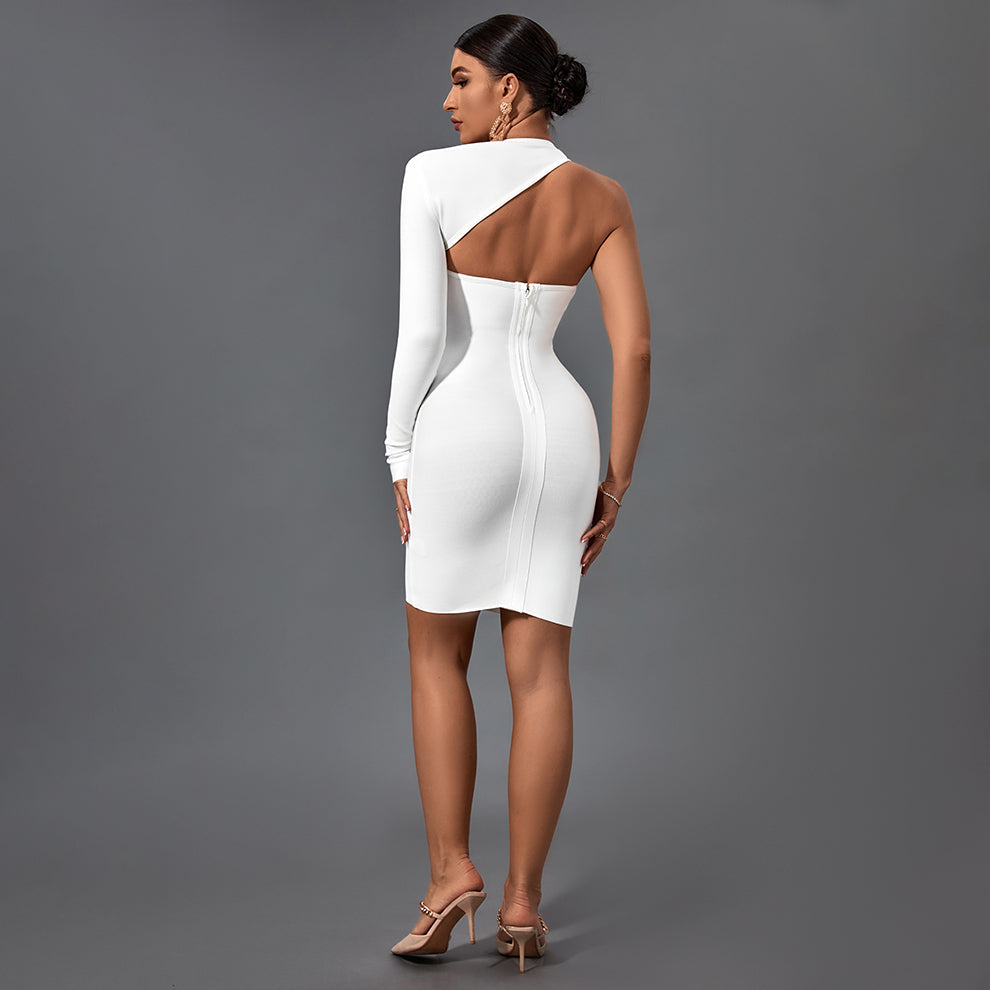 Halter One Sleeve Asymmetrical Mini Bandage Dress PZ19259